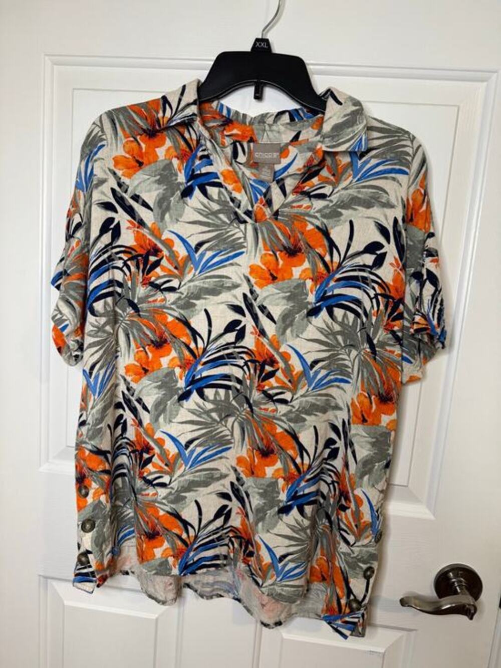 Chico's Fiesta Palms Linen Blend Popover Top Orange Blue Green Tropical 2 (L 12)